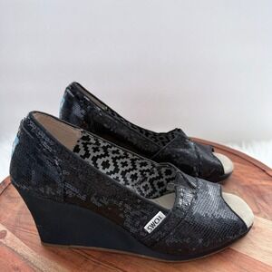TOMS Black Sequin‎ Peep Toe Wedge Heels Women's Size 8.5 Sparkle Party Shoes